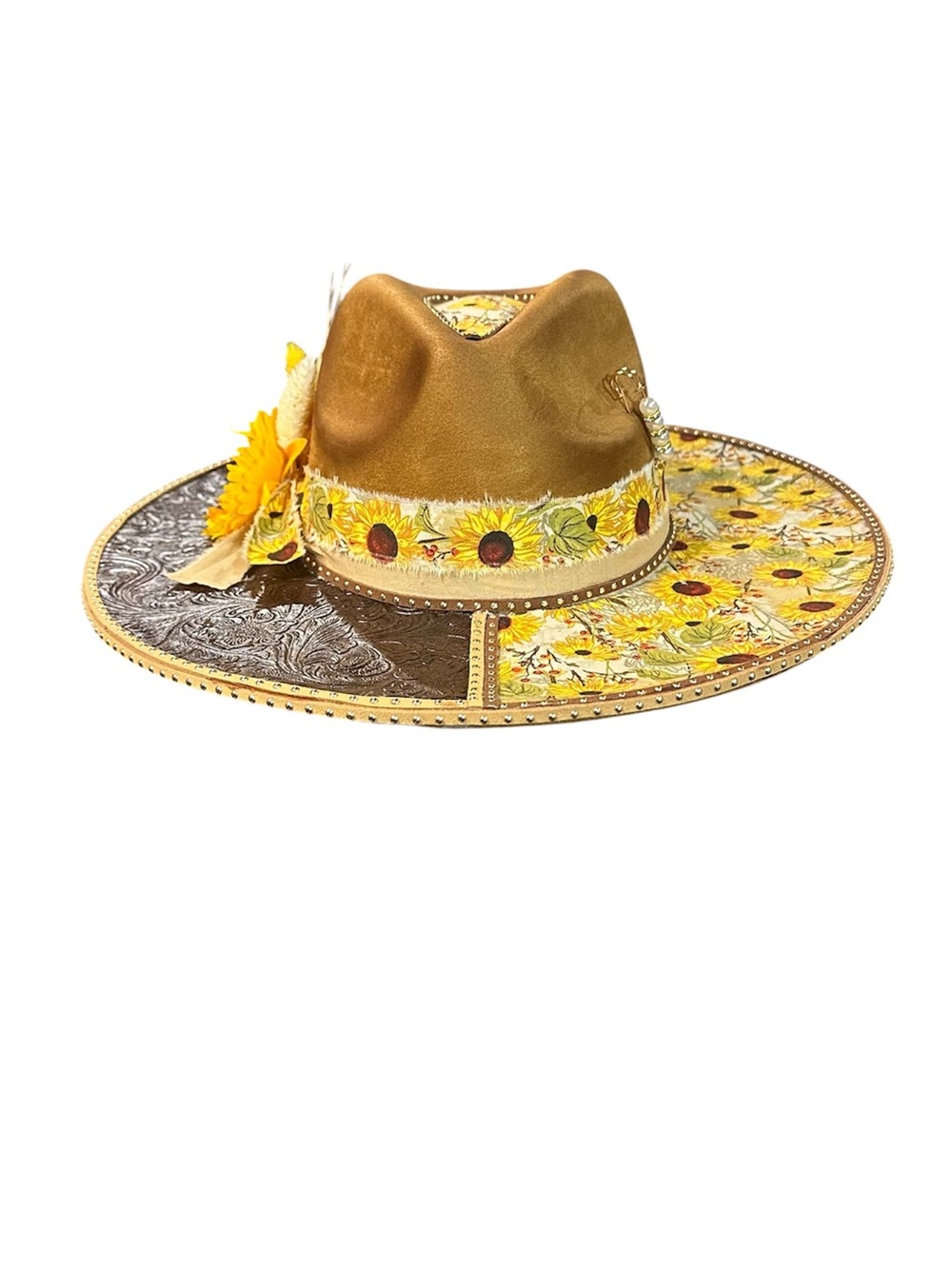 Sunflower Embellished Wide-Brim Fedora Hat - Yellow